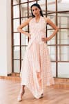 Buy_Tarini Vij_Peach Cotton Print Halter Neck Eleanor Dress _at_Aza_Fashions