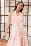 Tarini Vij_Peach Cotton Print Halter Neck Eleanor Dress _Online_at_Aza_Fashions