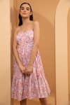 Tarini Vij_Blue Cambric Cotton Floral Sweetheart Neck Liv Strapless Midi Dress _Online_at_Aza_Fashions