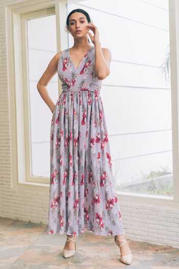 Buy_Tarini Vij_Purple Pleated Crepe Floral Print V Neck Maeve Dress _at_Aza_Fashions