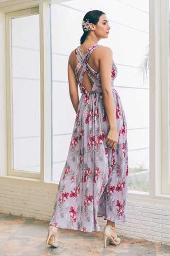 Shop_Tarini Vij_Purple Pleated Crepe Floral Print V Neck Maeve Dress _at_Aza_Fashions