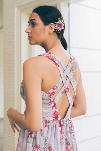 Tarini Vij_Purple Pleated Crepe Floral Print V Neck Maeve Dress _Online_at_Aza_Fashions