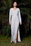 Buy_Tarini Vij_Silver Shimmer Lycra V Neck Olivia Gown _at_Aza_Fashions