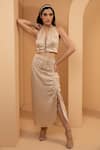 Buy_Tarini Vij_Gold Milano Satin Halter Neck Paris Crop Top And Skirt Set _at_Aza_Fashions