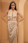 Buy_Tarini Vij_Gold Milano Satin Halter Neck Paris Crop Top And Skirt Set _Online_at_Aza_Fashions