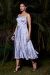 Tarini Vij_Silver Printed Imported Satin Floral Tiffany Strappy Dress _Online_at_Aza_Fashions