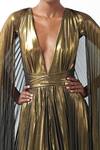 Gauri & Nainika_Gold Lame V Neck Metallic Pleated Gown  _at_Aza_Fashions