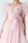 Shop_Gauri & Nainika_Pink Dotted Organza Polka Dot Ruffled Neck Flared Dress _Online_at_Aza_Fashions