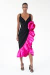 Buy_Gauri & Nainika_Black Micro And Taffeta Leaf Neck Strappy Midi Dress _at_Aza_Fashions