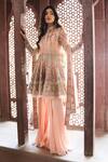 Buy_Reynu Taandon_Peach Soft Net Embellished Band Collar Bandhgala Sharara Set _at_Aza_Fashions