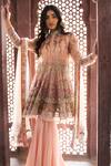 Shop_Reynu Taandon_Peach Soft Net Embellished Band Collar Bandhgala Sharara Set _at_Aza_Fashions