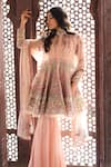 Reynu Taandon_Peach Soft Net Embellished Band Collar Bandhgala Sharara Set _Online_at_Aza_Fashions
