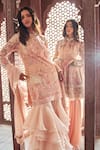 Reynu Taandon_Peach Power , Soft Leather Patches And Embellished Kurta Sharara Set_Online_at_Aza_Fashions