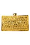 Shop_NR BY NIDHI RATHI_Gold Embroidered Pearl Rectangle Clutch _at_Aza_Fashions