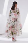 Shop_Tisha Saksena_Ivory Gown Dupion Silk Printed Floral Gown Round Rose With Cape _at_Aza_Fashions