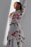 Tisha Saksena_Ivory Silk Dupion Marigold Printed Blazer And Draped Skirt Set_Online_at_Aza_Fashions