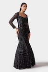 Swati Narula_Black Organza Embroidery Glass Beads Square Neck Aoide Fish Cut Gown  _Online_at_Aza_Fashions