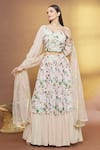Buy_Samyukta Singhania_Peach Georgette, Net Embroidery, Sequins V-neck Floral Print Tiered Lehenga Set _Online_at_Aza_Fashions