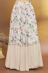 Samyukta Singhania_Peach Georgette, Net Embroidery, Sequins V-neck Floral Print Tiered Lehenga Set _at_Aza_Fashions