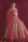 Shloka Sudhakar Red Organza, Dupatta Net Zardozi And Pearl Work V Embroidered Bridal Lehenga Set Online at Aza Fashions Shloka Sudhakar_Red Organza, Dupatta Net Zardozi And Pearl Work V Embroidered Bridal Lehenga Set _Online_at_Aza_Fashions