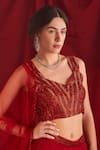 Shloka Sudhakar_Maroon Organza Embroidered And Embellished Cutdana Work V Neck Lehenga Set _Online_at_Aza_Fashions