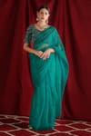 Buy_Shloka Sudhakar_Green Organza Embroidered And Embellished Thread Blouse & Saree Set  _at_Aza_Fashions