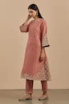 Priya Chaudhary_Pink Chanderi Silk Embroidered Thread Work Notched Round Neck Kurta Set _Online_at_Aza_Fashions