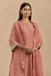 Buy_Priya Chaudhary_Pink Chanderi Silk Embroidered Thread Work Notched Round Neck Kurta Set _Online_at_Aza_Fashions