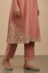 Priya Chaudhary_Pink Chanderi Silk Embroidered Thread Work Notched Round Neck Kurta Set _at_Aza_Fashions