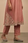 Shop_Priya Chaudhary_Pink Chanderi Silk Embroidered Thread Work Notched Round Neck Kurta And Pant Set _Online_at_Aza_Fashions