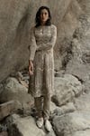 Buy_VARUN NIDHIKA_Grey Chiffon Embroidered Folklore Line Keyhole Kurta And Pant Set  _at_Aza_Fashions