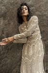 VARUN NIDHIKA_Grey Chiffon Embroidered Folklore Line Keyhole Kurta And Pant Set  _Online_at_Aza_Fashions