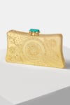 Shop_Jade by Monica and Karishma_Gold Daria Carved Clutch With Strap_at_Aza_Fashions