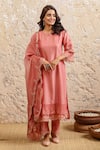 Buy_Naaz By Noor_Pink Cotton, Organza, Chanderi Scallop Round Kurta Set With Embroidered Dupatta _at_Aza_Fashions