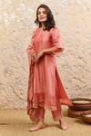 Shop_Naaz By Noor_Pink Cotton, Organza, Chanderi Scallop Round Kurta Set With Embroidered Dupatta _at_Aza_Fashions