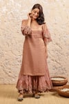 Naaz By Noor_Pink Cotton, Organza, Chanderi Floral Round Neck Kurta Sharara Set _Online_at_Aza_Fashions