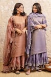 Buy_Naaz By Noor_Pink Cotton, Organza, Chanderi Floral Round Neck Kurta Sharara Set _Online_at_Aza_Fashions