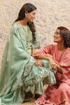 Buy_Naaz By Noor_Green Cotton, Organza, Chanderi Plain Round Sleeve Embroidered Kurta Set _Online_at_Aza_Fashions
