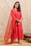 Buy_Naaz By Noor_Red Cotton, Organza, Chanderi Plain Round Neck Kurta Set _at_Aza_Fashions