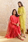 Naaz By Noor_Red Cotton, Organza, Chanderi Plain Round Neck Kurta Set _Online_at_Aza_Fashions