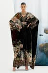 Buy_Rajdeep Ranawat_Black Silk Velvet Printed Floral V Neck Imama Kaftan  _at_Aza_Fashions