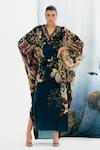 Buy_Rajdeep Ranawat_Blue Silk Velvet Printed Floral V Neck Kainat Kaftan  _at_Aza_Fashions