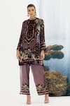 Buy_Rajdeep Ranawat_Purple Silk Velvet Printed Floral Band Collar Reza Tunic  _at_Aza_Fashions