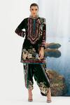 Buy_Rajdeep Ranawat_Green Silk Velvet Floral, Geometric Band Collar Reza Printed Tunic_at_Aza_Fashions