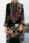 Rajdeep Ranawat_Green Silk Velvet Floral, Geometric Band Collar Reza Printed Tunic_at_Aza_Fashions