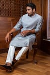 Shop_Darshika Menswear_Blue Cotton Silk Hand Embroidered French Knots Bundi Kurta Set _at_Aza_Fashions