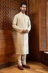 Shop_Darshika Menswear_Beige Cotton Silk Pintucks Kurta Set _at_Aza_Fashions