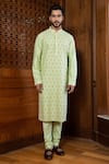 Shop_Darshika Menswear_Green Cotton Silk Embroidered Geometric And Floral Motifs Kurta Set _at_Aza_Fashions