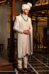 Buy_Darshika Menswear_Beige Raw Silk Embroidered Thread And Sequin Sherwani Set With Dupatta For Men_at_Aza_Fashions
