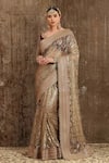 Buy_SHIKHAR SHARMA_Gold Saree Net Embroidered And Embellished Gota Leaf Neck Floral With Blouse _at_Aza_Fashions